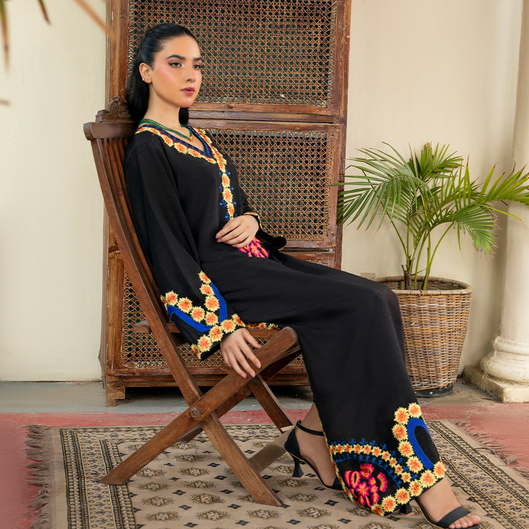 Stitched Koren Silk Suit with Floral Embroidery