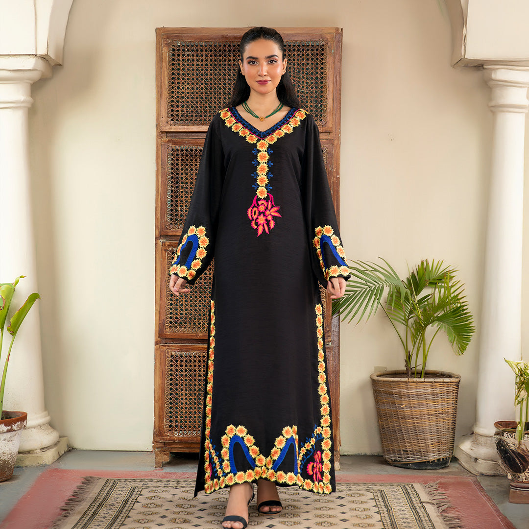 Stitched Koren Silk Suit with Floral Embroidery