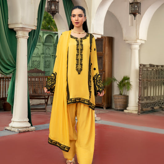 Elegant Yellow 3PC Tussle Silk Suit with Classic Black Contrast
