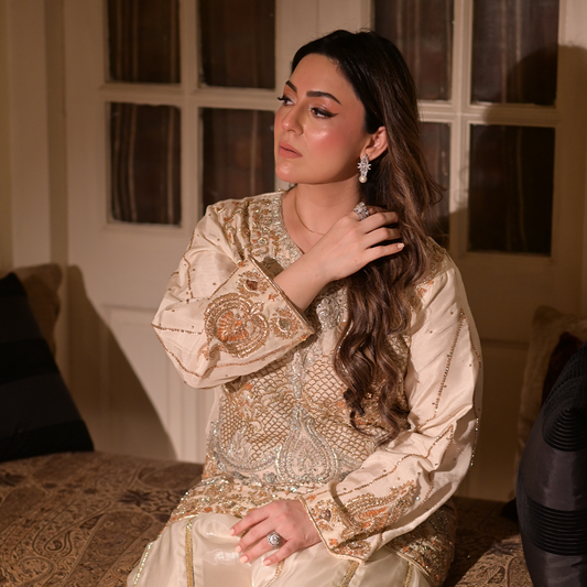Heavy Silk Beig Colour Embelished Shirt and Lama Silk Trouser.