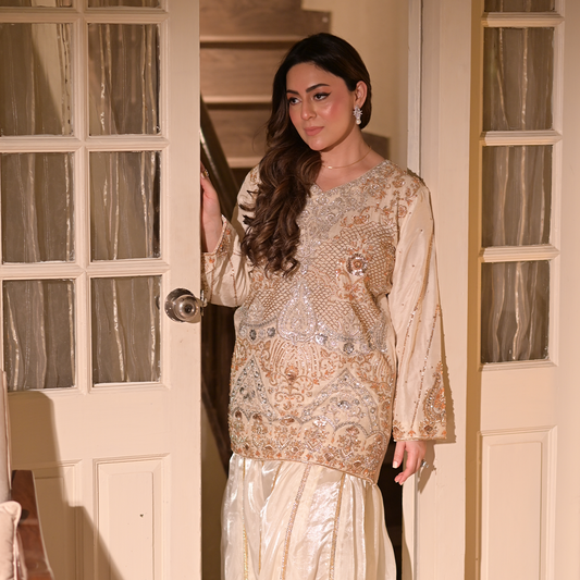 Heavy Silk Beig Colour Embelished Shirt and Lama Silk Trouser.